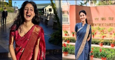 IAS अधिकारी नेहा ब्यादवाल यांचा साडीमधील फोटो आणि यूपीएससी कार्यालयाबाहेरील चित्र.