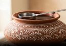 Traditional Indian earthen clay pot filled with cold drinking water during summer