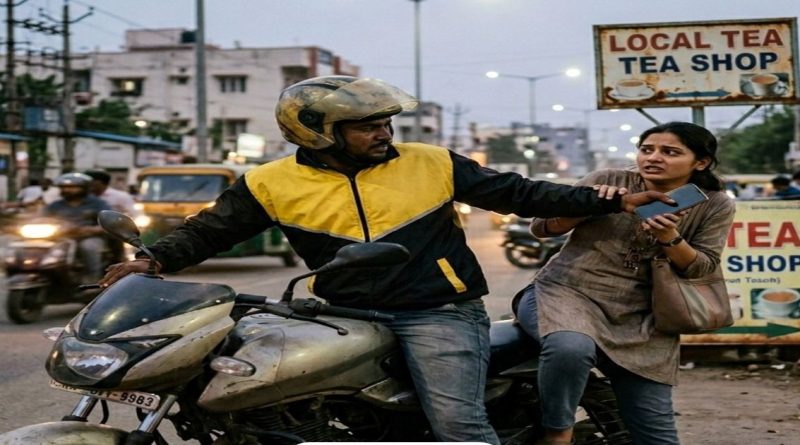 🟢Representative image of a fake bike taxi rider robbing a female passenger mobile phone on a street