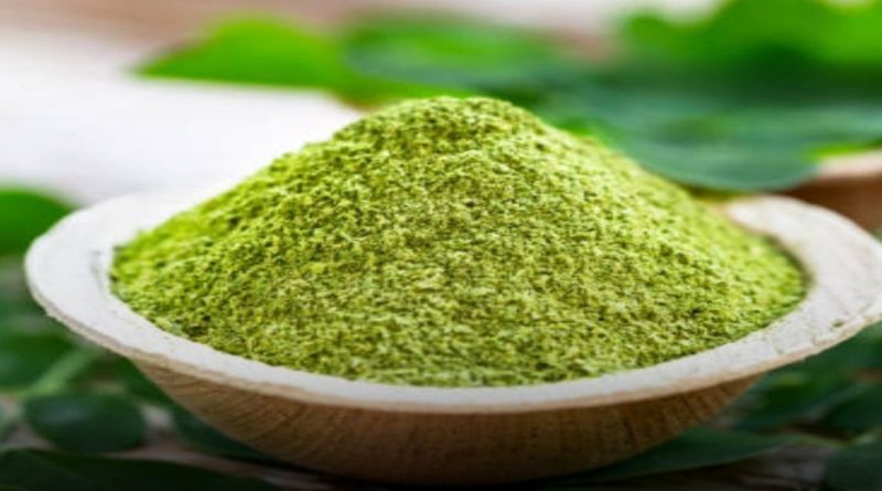 वाटीमध्ये ठेवलेली शेवग्याच्या पानांची हिरवी पावडर (Moringa Powder)