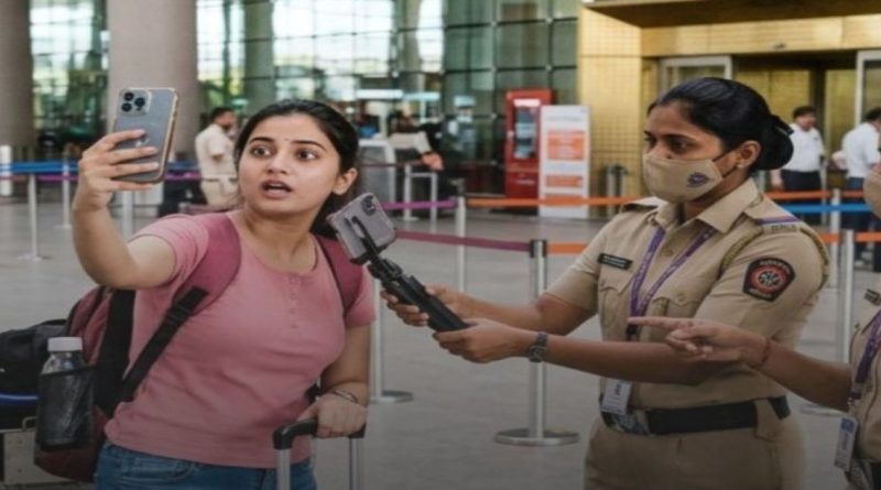 विमानतळावर सेल्फी आणि रिल्स बनवणाऱ्या प्रवाशांना रोखताना सुरक्षा रक्षक
