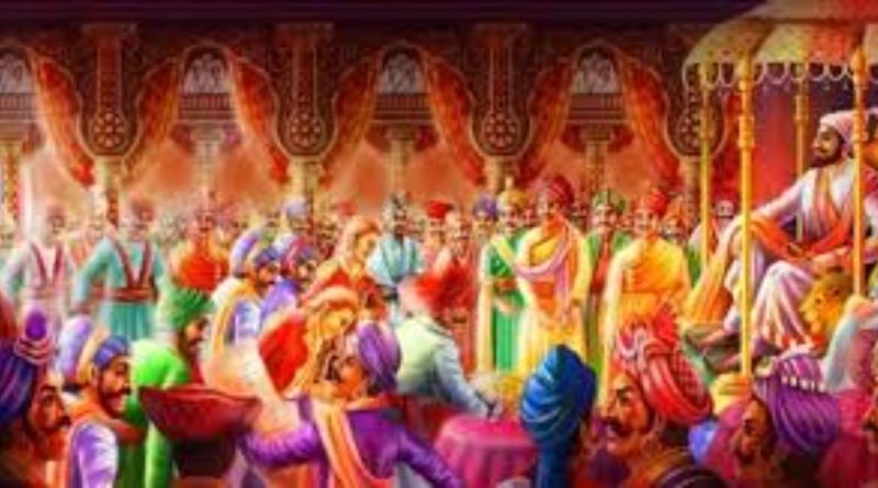 "दुर्गराज रायगडावर ३२ मण सुवर्णसिंहासनावर विराजमान झालेले छत्रपती शिवाजी महाराज आणि ऐतिहासिक शिवराज्याभिषेक सोहळा (प्रातिनिधिक चित्र)."