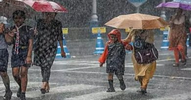मुंबईत मुसळधार पाऊस सुरू असताना रस्त्यावरून छत्र्या आणि रेनकोट घालून चालणारे शाळकरी विद्यार्थी आणि नागरिक.