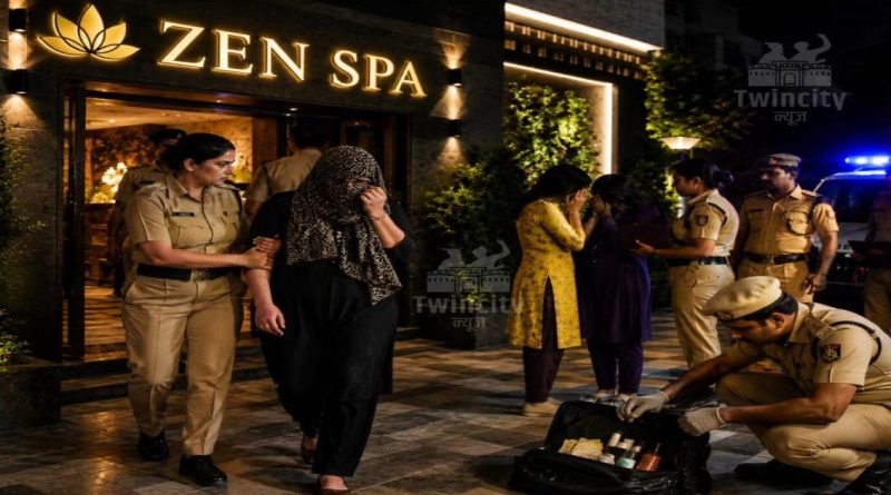 "पिंपळे निलख येथील 'झेन स्पा' (ZEN SPA) सेंटरवर गुन्हे शाखेने टाकलेल्या छाप्यानंतर आरोपी महिला चालकाला ताब्यात घेताना आणि पीडितांची सुटका करताना पिंपरी-चिंचवड पोलीस."